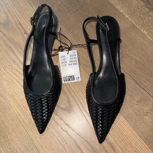 H&M Black Woven Pointed Slingback Mules